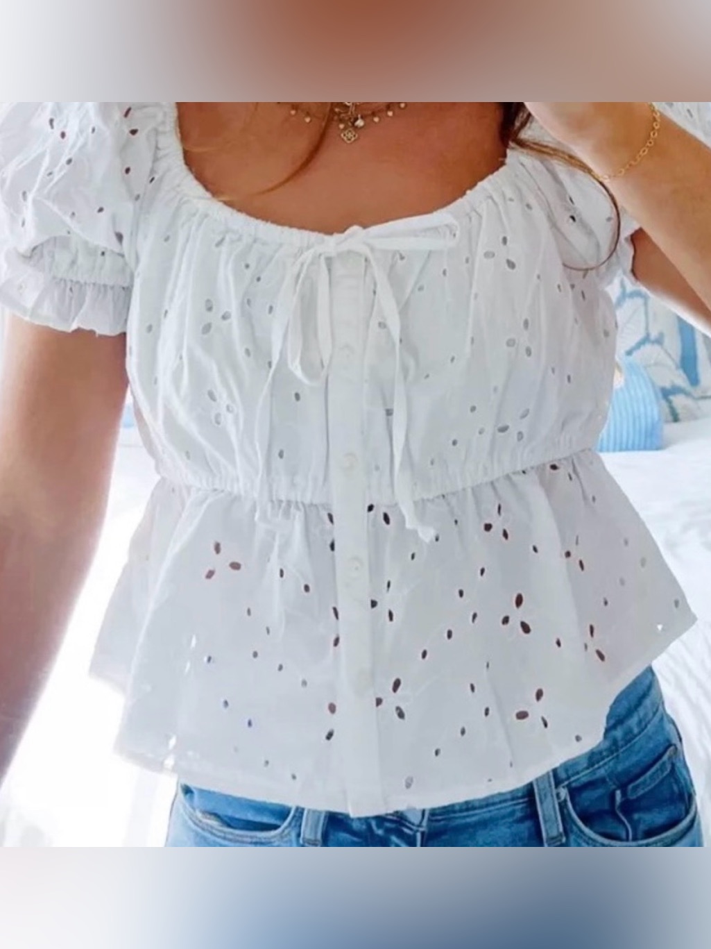American Eagle Outfitters White Eyelet Puff Sleeve Tie-Neck Peplum Blouse